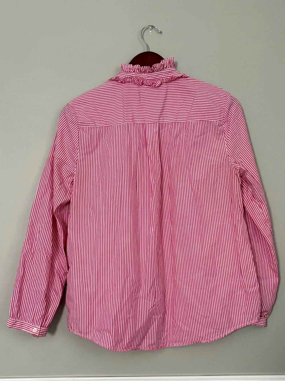 J.Crew Pink White Striped Ruffle Neck Button Down Blouse 100% Cotton M